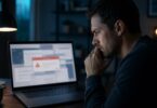 Internaute inquiet devant un ordinateur affichant des pages web floues et un avertissement de sécurité.