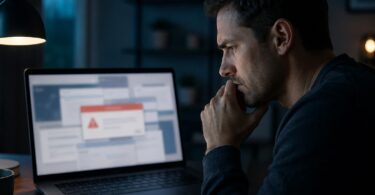 Internaute inquiet devant un ordinateur affichant des pages web floues et un avertissement de sécurité.